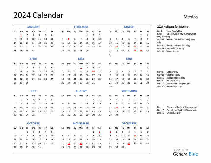 2024 Calendar with Holidays for Mexico