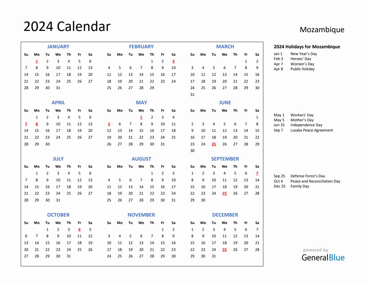 2024 Calendar With Holidays For Mozambique   2024 Calendar Plain With Holidays Landscape Sunday Start En Mz 1188x918 