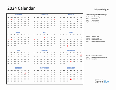 Mozambique current year calendar 2024 with holidays