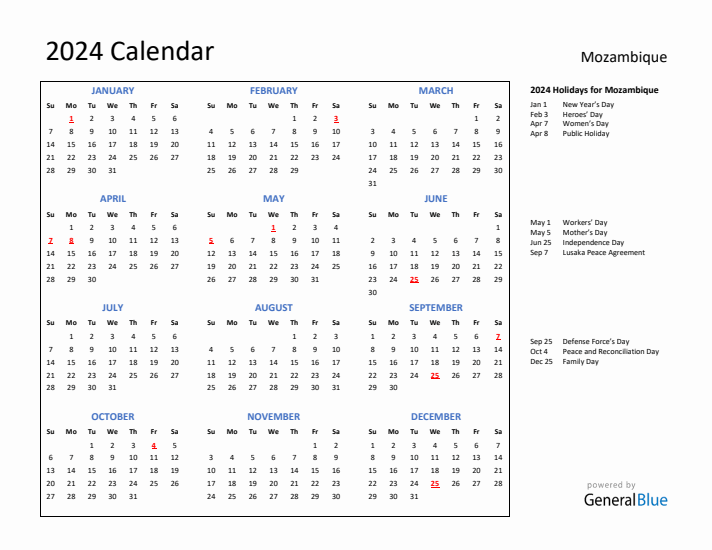 2024 Calendar with Holidays for Mozambique