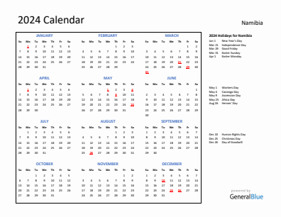 Namibia current year calendar 2024 with holidays