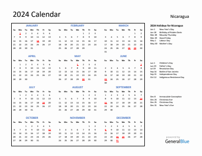 Nicaragua current year calendar 2024 with holidays
