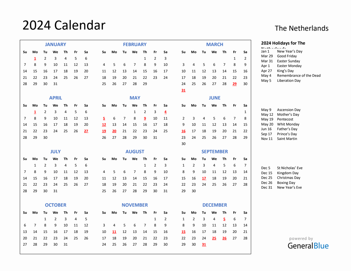 2024 Calendar with Holidays for The Netherlands