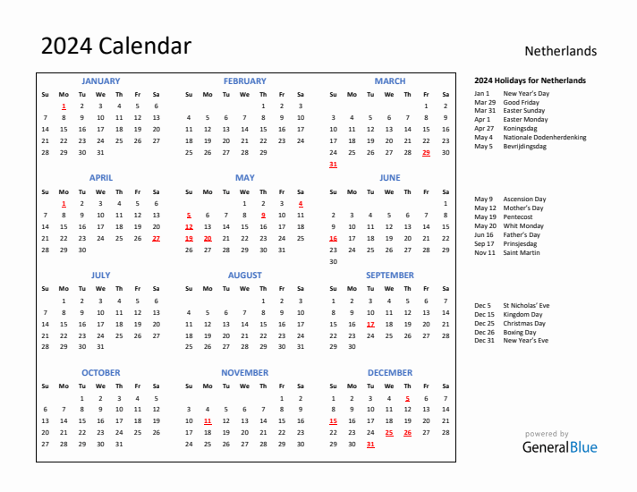 2024 Calendar with Holidays for The Netherlands
