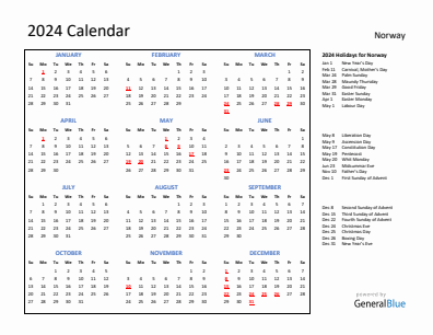Norway current year calendar 2024 with holidays