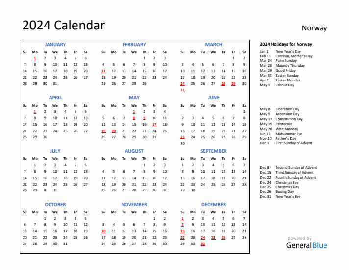 2024 Calendar with Holidays for Norway
