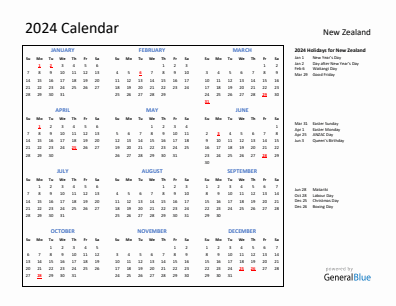 New Zealand current year calendar 2024 with holidays