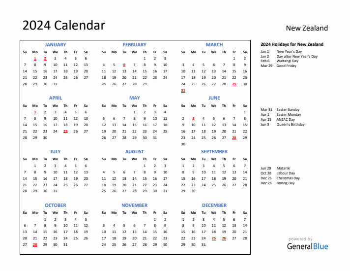 2024 Calendar with Holidays for New Zealand