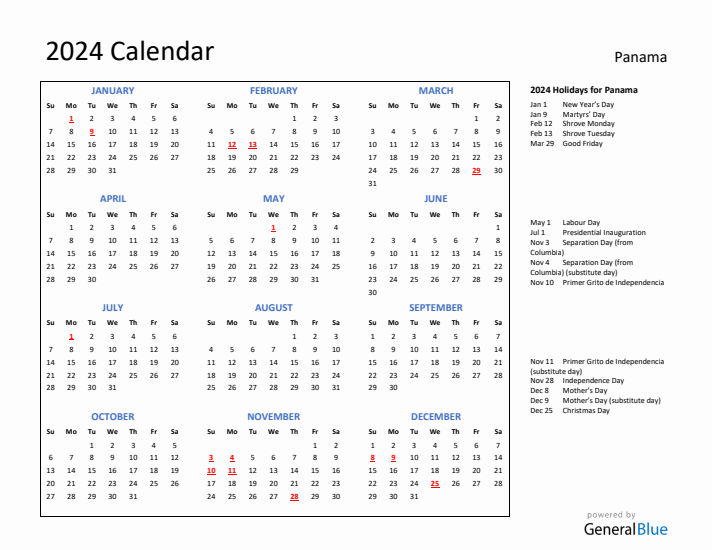 2024 Calendar with Holidays for Panama