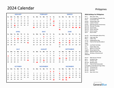 Philippines current year calendar 2024 with holidays
