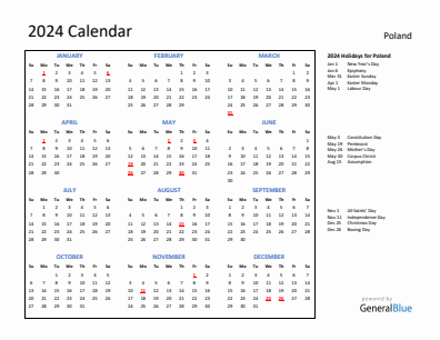 Poland current year calendar 2024 with holidays