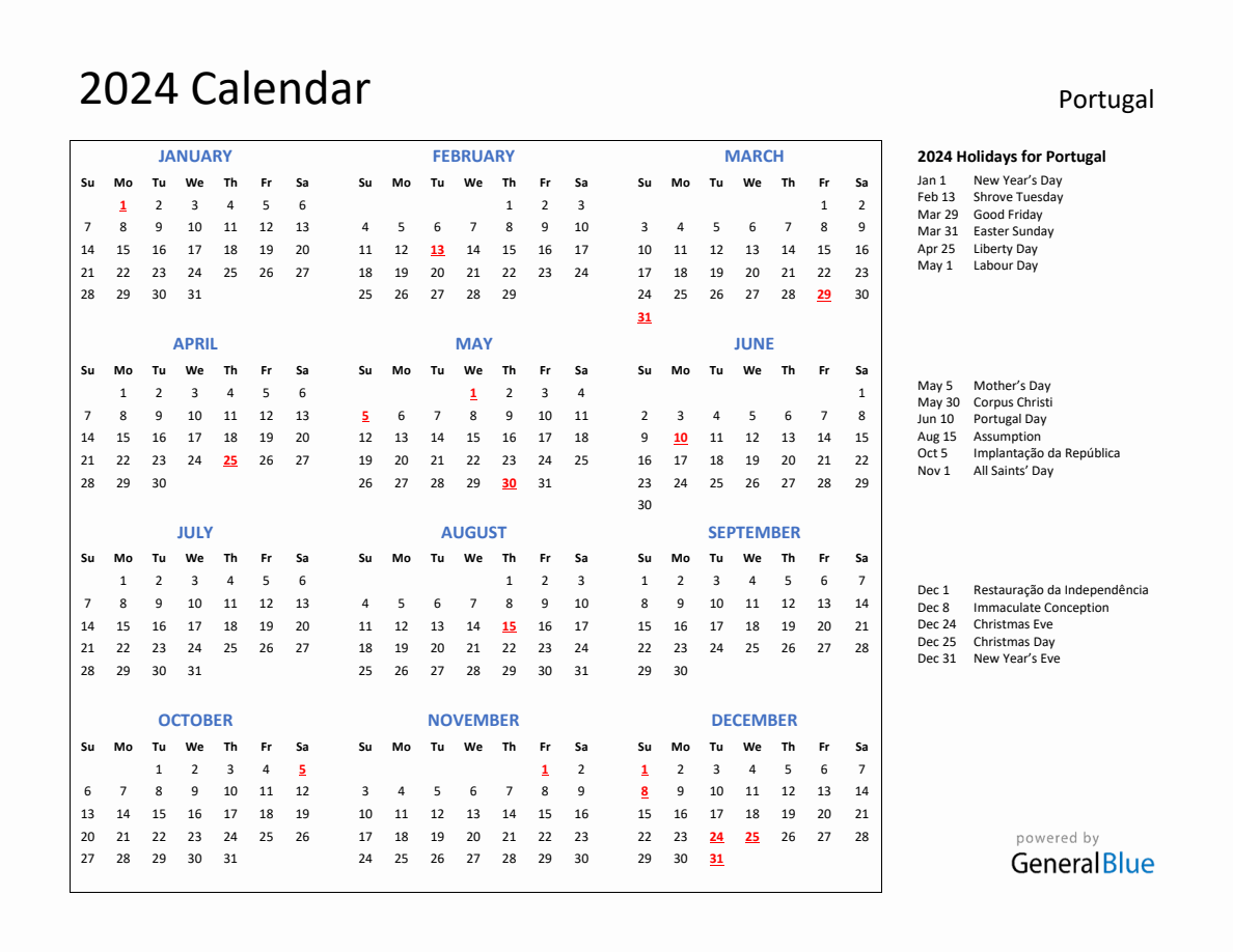 2024 Calendar with Holidays for Portugal