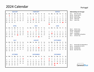 Portugal current year calendar 2024 with holidays