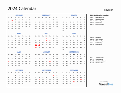 Reunion current year calendar 2024 with holidays