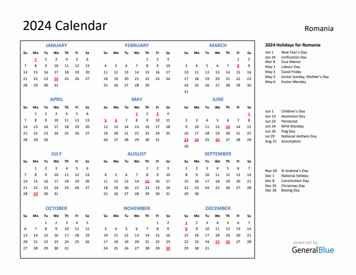 2024 Calendar with Holidays for Romania