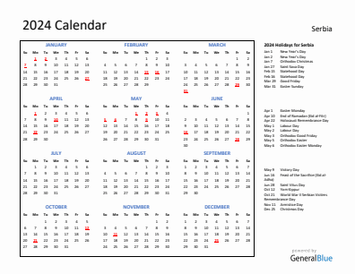 Serbia current year calendar 2024 with holidays