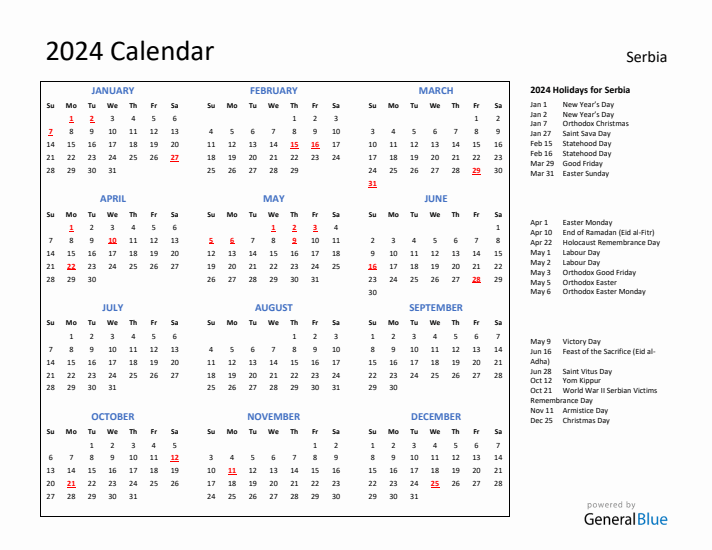 2024 Calendar with Holidays for Serbia