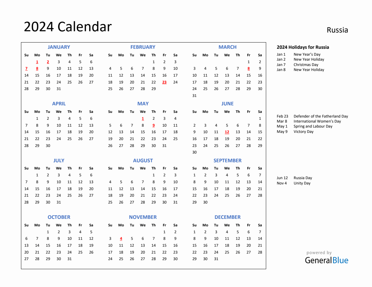 2024 Calendar with Holidays for Russia