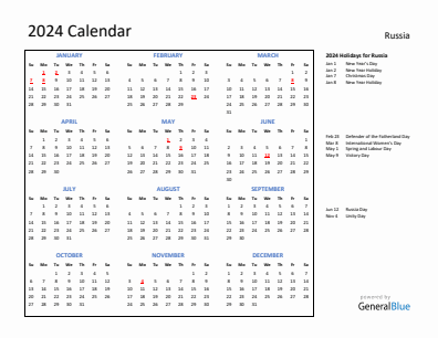 Russia current year calendar 2024 with holidays