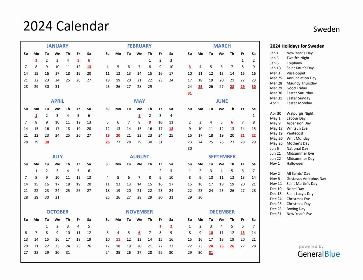 2024 Calendar with Holidays for Sweden