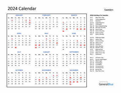 Sweden current year calendar 2024 with holidays