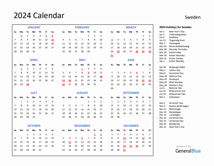 2024 Calendar with Holidays for Sweden