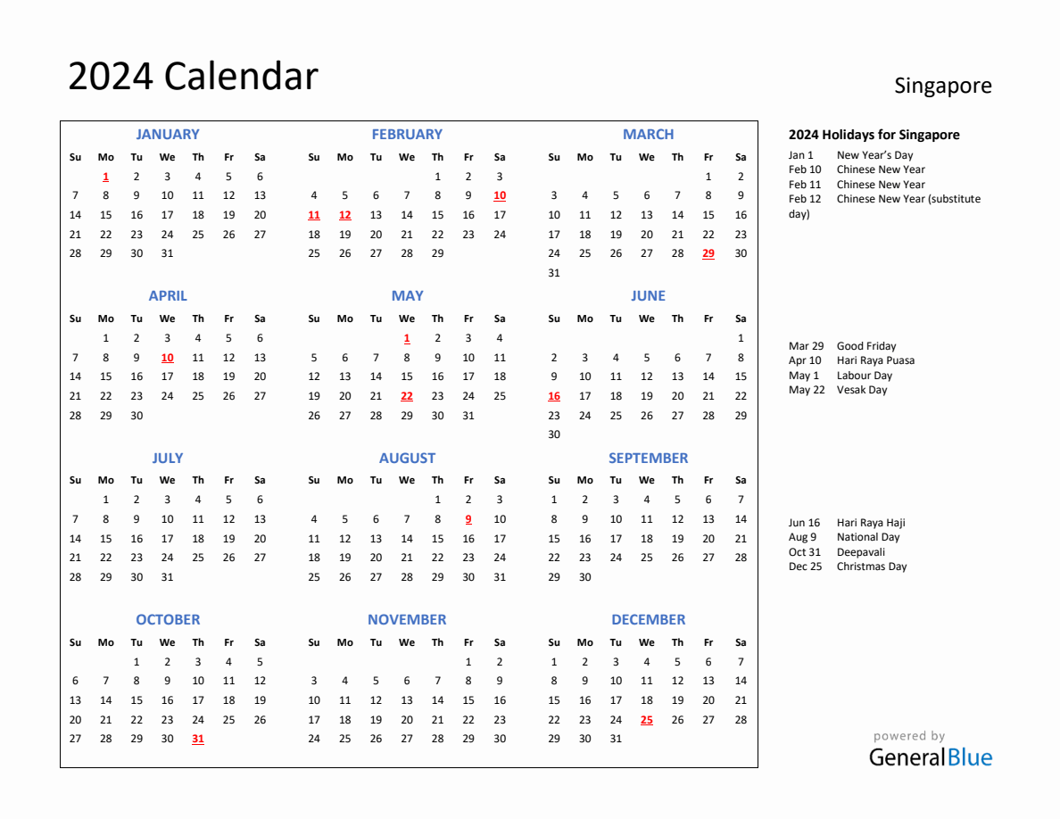 2024 Calendar with Holidays for Singapore