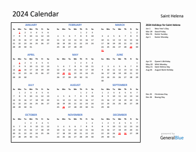 Saint Helena current year calendar 2024 with holidays