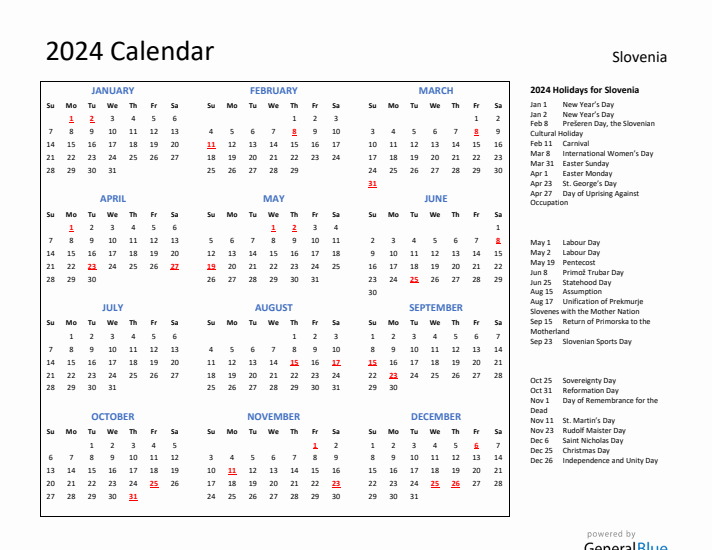 2024 Calendar with Holidays for Slovenia