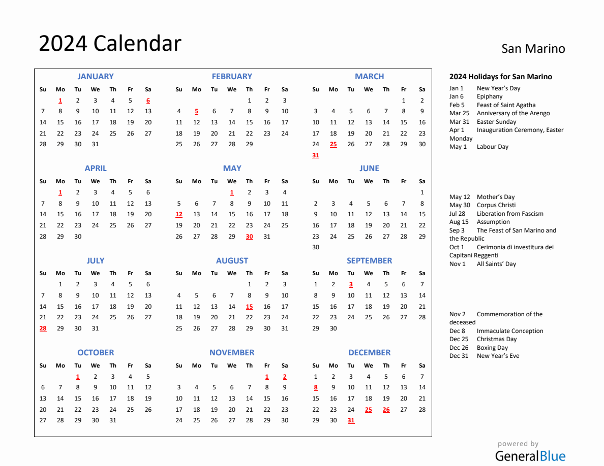 2024 Calendar with Holidays for San Marino