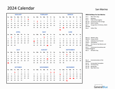San Marino current year calendar 2024 with holidays