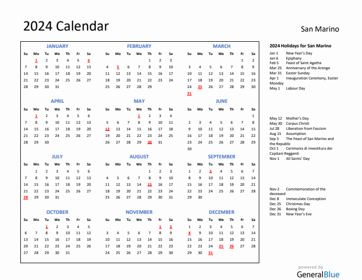 2024 Calendar with Holidays for San Marino