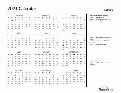 Somalia current year calendar 2024 with holidays
