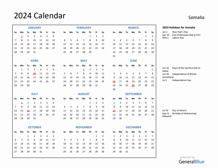 2024 Calendar with Holidays for Somalia
