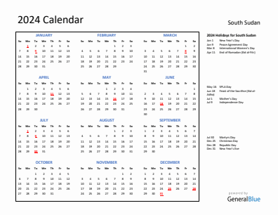South Sudan current year calendar 2024 with holidays