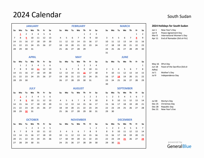 2024 Calendar with Holidays for South Sudan