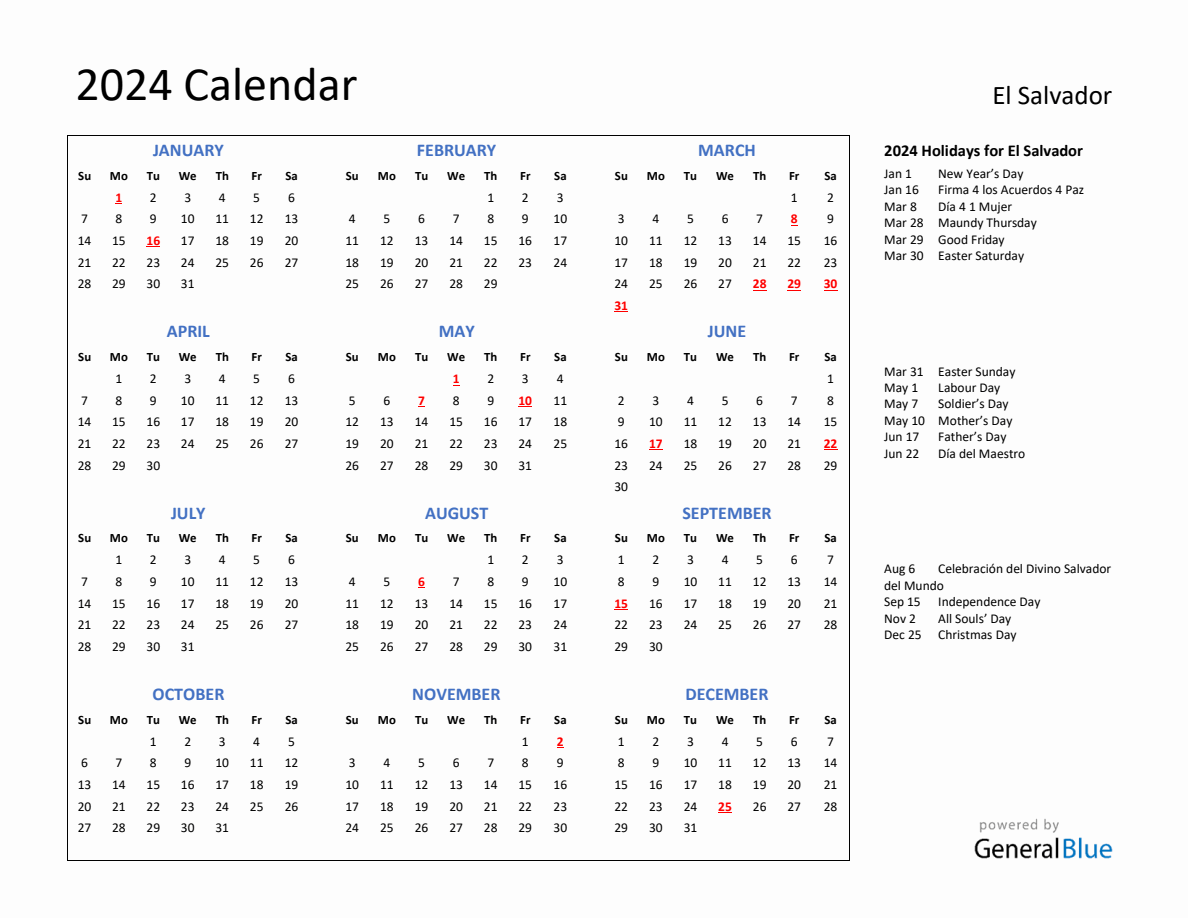 2024 Calendar with Holidays for El Salvador