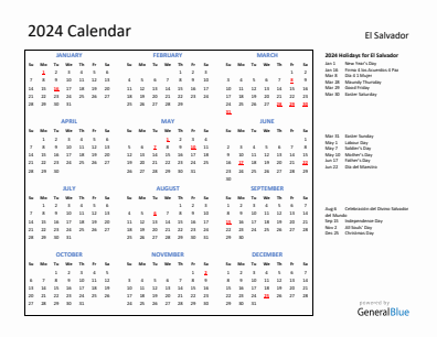 El Salvador current year calendar 2024 with holidays