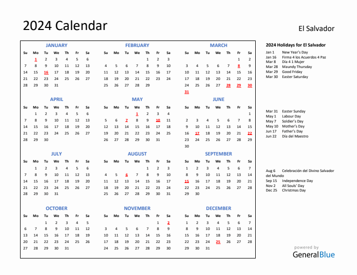 2024 Calendar with Holidays for El Salvador