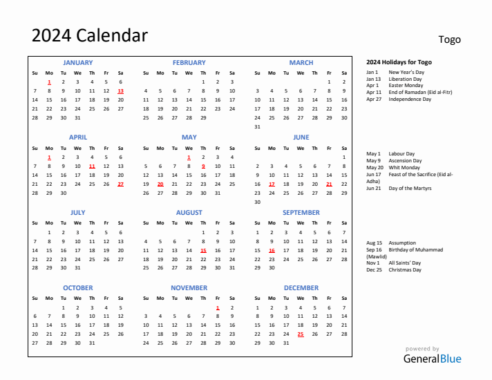 2024 Calendar with Holidays for Togo