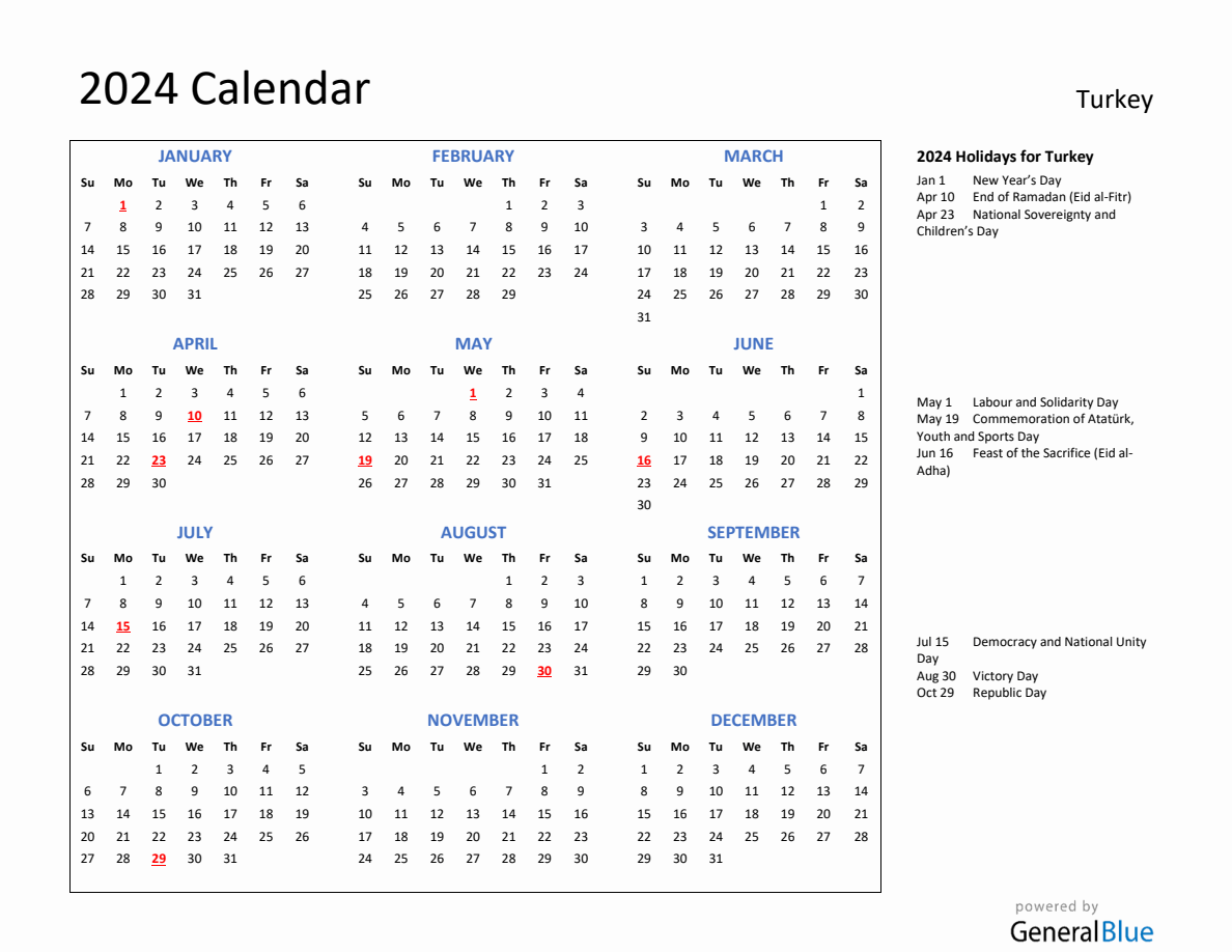 2024 Calendar with Holidays for Turkey