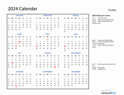 Turkey current year calendar 2024 with holidays