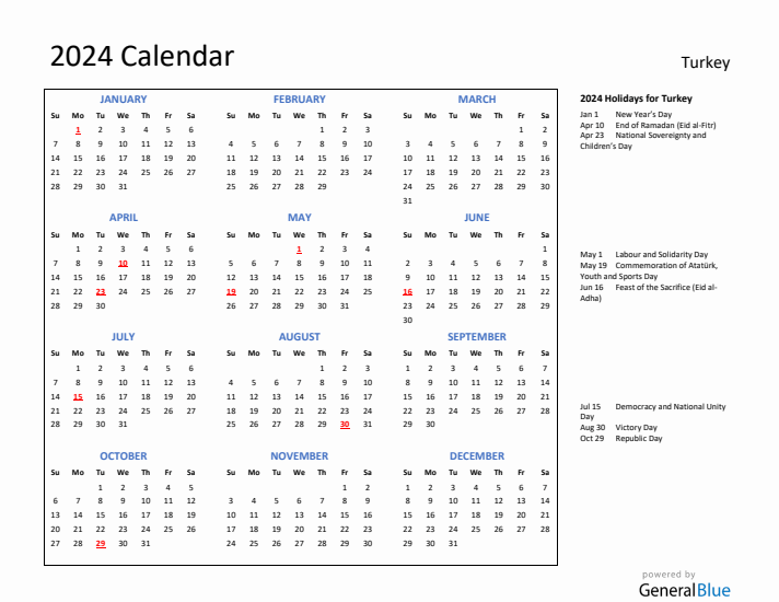 2024 Calendar with Holidays for Turkey