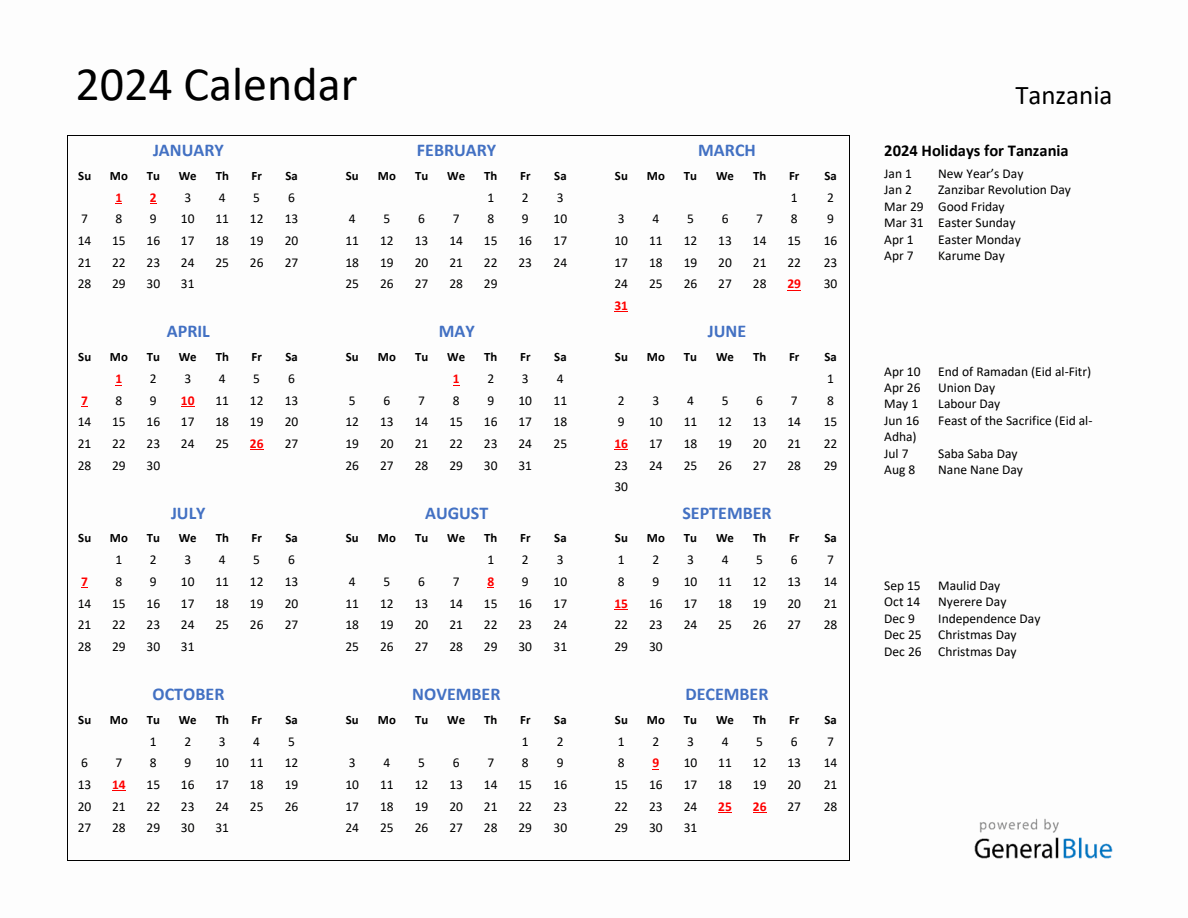 2024 Calendar with Holidays for Tanzania