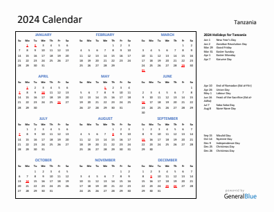 Tanzania current year calendar 2024 with holidays