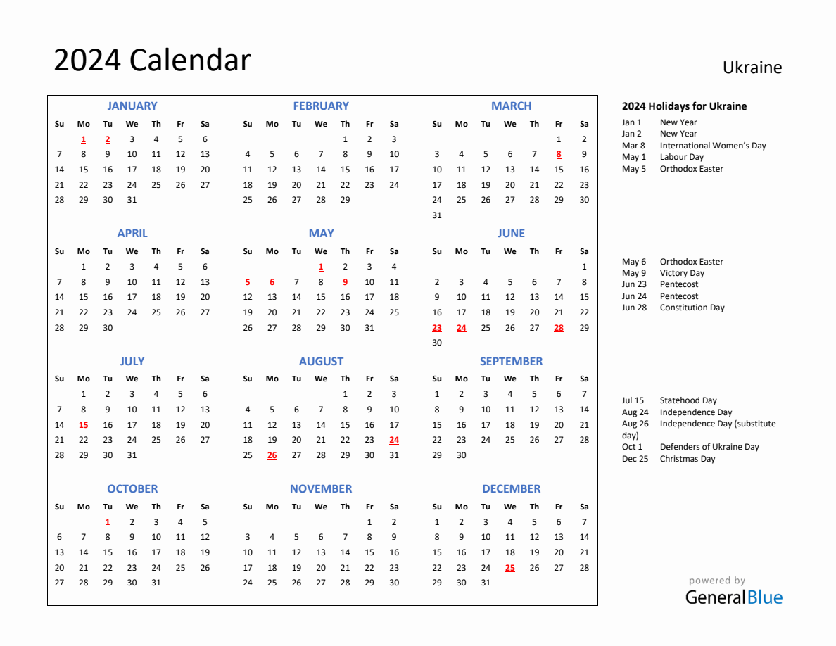 2024 Calendar with Holidays for Ukraine