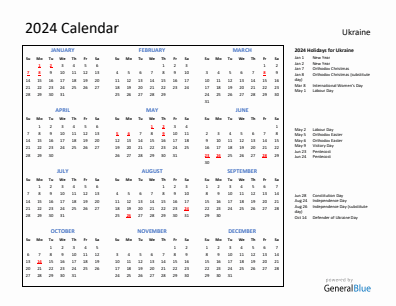 Ukraine current year calendar 2024 with holidays