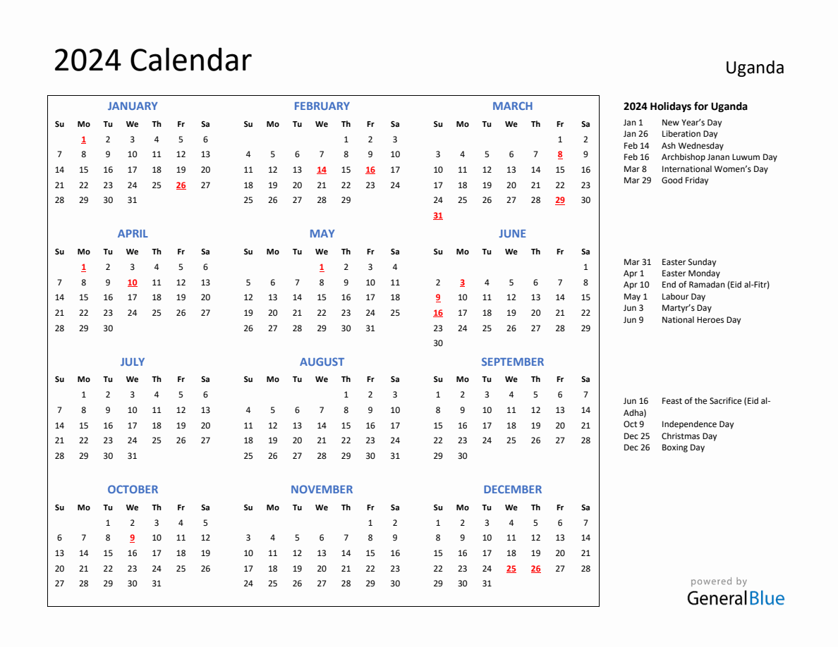 2024 Calendar with Holidays for Uganda