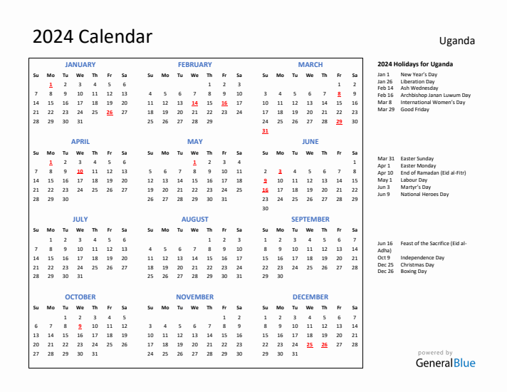 2024 Calendar with Holidays for Uganda
