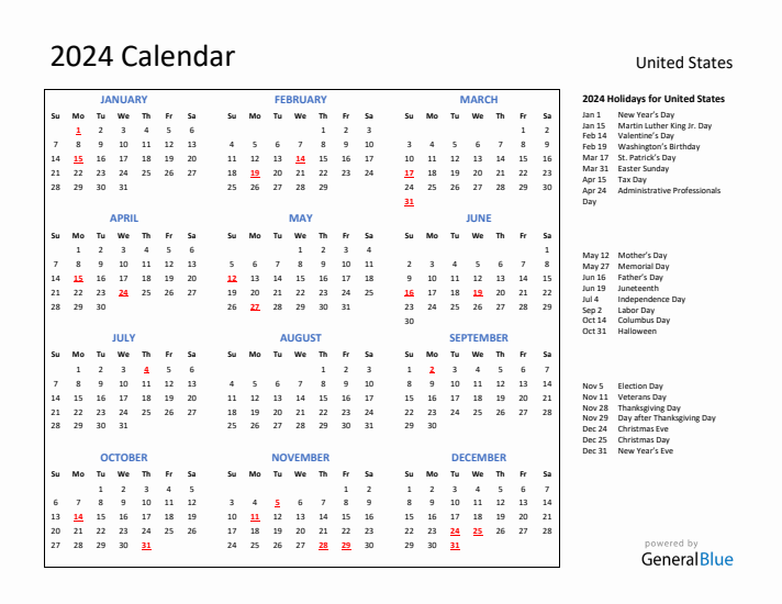 2024 Calendar with Holidays for United States
